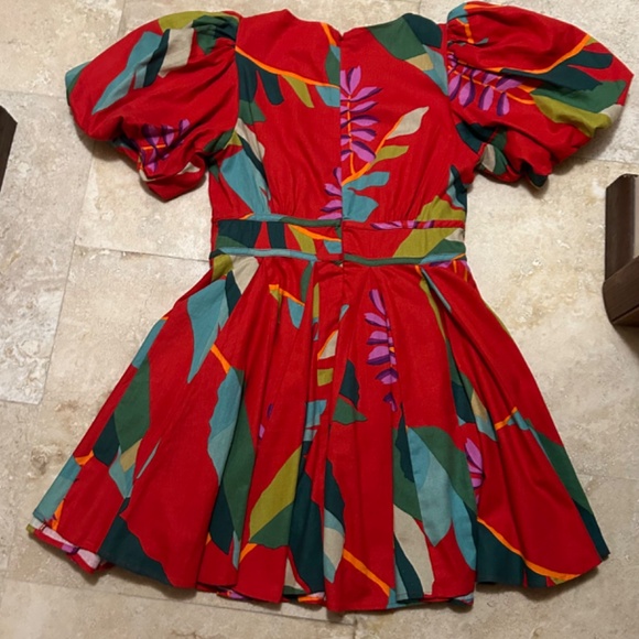 House of Harlow 1960 Linen Blend Red Floral Puff Sleeves Dress,  Size 6 - Picture 5 of 16